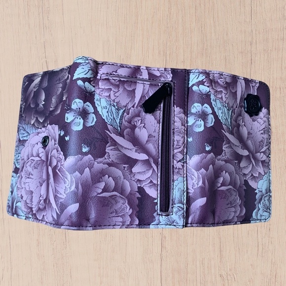 Womens floral wallet Purple Bifold ID holder zip Closure Button snap - Picture 2 of 10